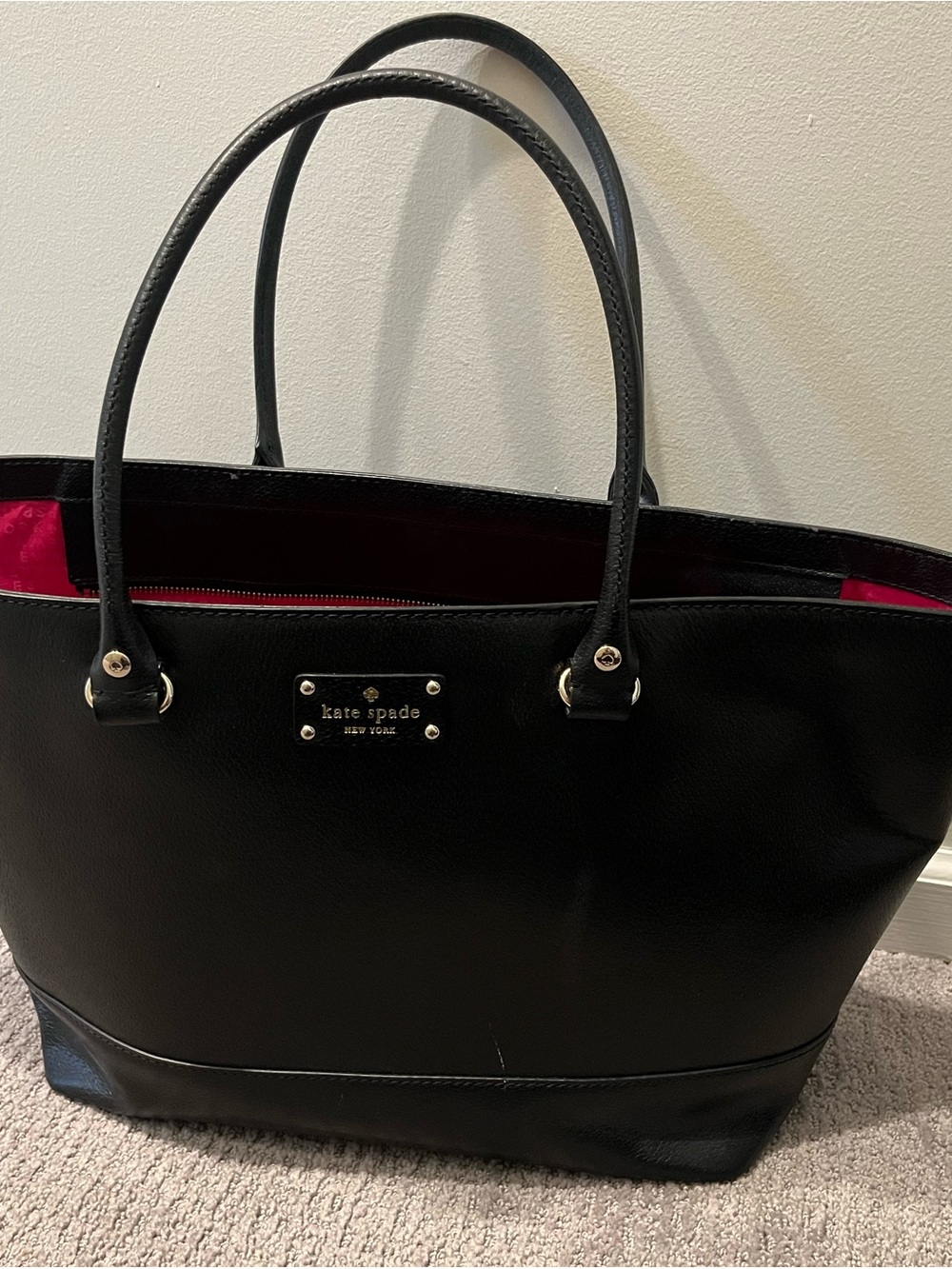 kate spade Black Leather Tote with Pink Interior